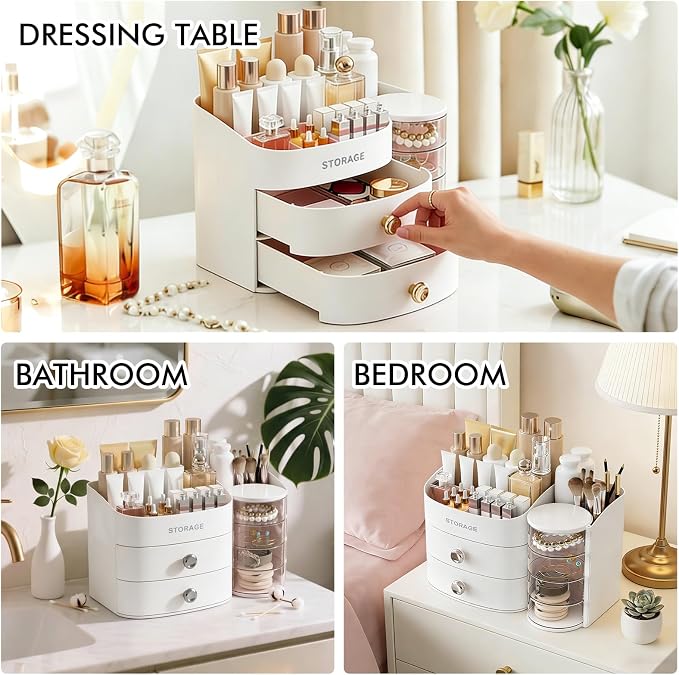 Makeup Organizer Countertop with Drawers, Make up Organizers for Vanity | Skincare Jewelry Earring Organizers, Cosmetic Display Cases Makeup Storage for Bathroom|Dresser, Ideal Gifts for Women(White)