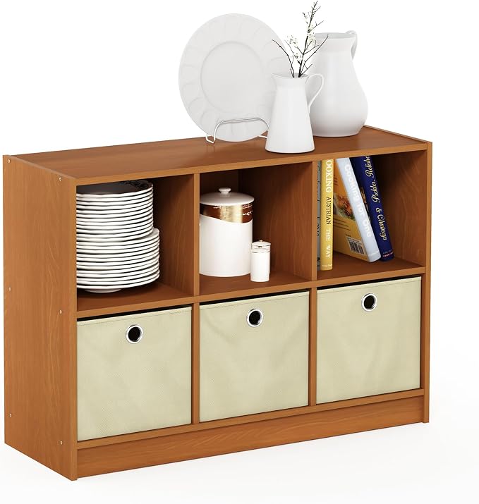 6-Cube Bookshelf with Storage Bins, Cube Bookcase, Book Shelf with Storage Bins, 11.9 x 31.6 x 23.6, for Organization and Storage, Home Office, Living Room, Light Cherry