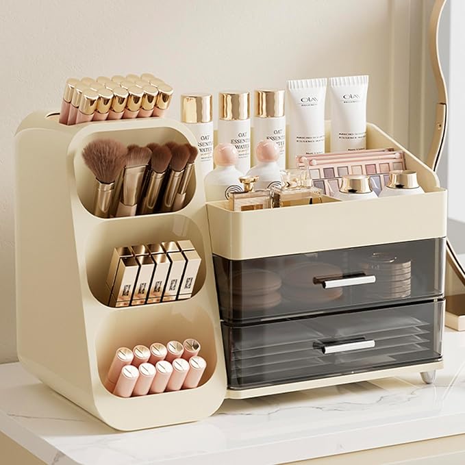 Aveniee Makeup Organizer with Drawers, Large Bathroom Countertop Storage for Vanity, Cosmetic & Skincare Display Case for Brushes, Perfumes, Lipsticks (Cream White)