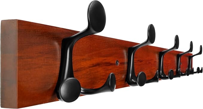 WEBI Coat Rack Wall Mount,30" Solid Wood Coat Hooks Wall Mounted Coat Hanger,16" Hole to Hole,Heavy Duty Hook Rack Rail,5 Triple Hooks for Hanging Coats,Jacket,Clothes,Hat,Backpack,Cherry