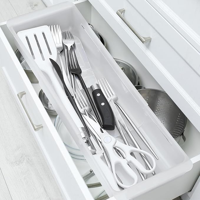1 Pack Adjustable Deep Drawer Organizer Storage Bin(17" to 27”) | Expandable Drawer Storage, Adjustable Size, Kitchen Cabinet Organization