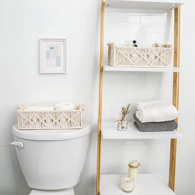 Mkono 2Pc Macrame Storage Baskets, Boho Bathroom Toilet Paper Holder, Ivory | Small Baskets for Organizing, Hand-Woven, Bohemian Beach Coastal Decor, Shelf Vanity Cabinet Bedroom Living Room Office Dorm