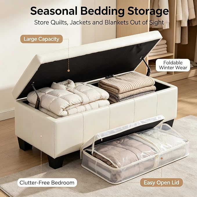 41.5 Inch Cream White Faux Leather Storage Ottoman Bench for Bedroom | 2.8 cu ft hidden storage,660 lbs weight capacity,soft padded seat,solid wood legs for indoor home use