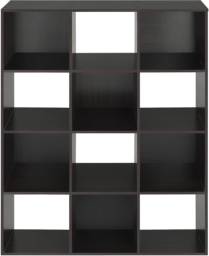 Whitmor 12 Cube Storage Organizer, 4 Tier Stackable Mdf Wood Bookcase, Open Storage Display Bookshelf, Storage Cabinet for Living Room, Bedroom, Home, Office, 35.1"L x 11.7"W x 47.5"H, Espresso
