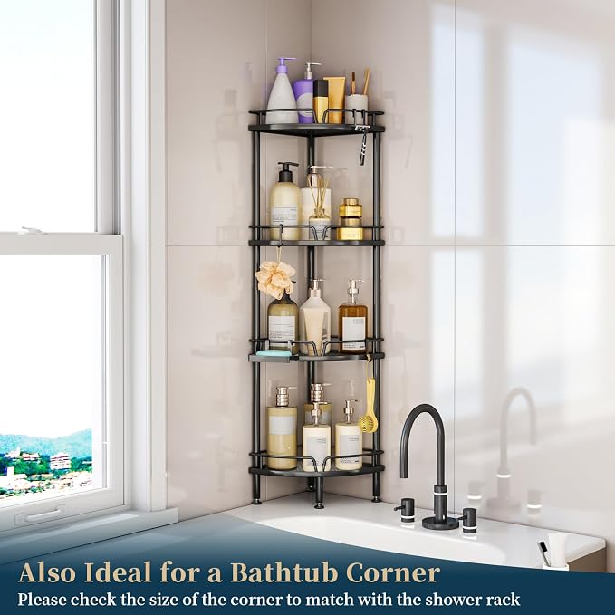 Consumest Corner Shower Caddy Stand - 4 Tier Shower Organizer with Soap Holder, Tall Floor Corner Shelf Standing with Adjustable Feet & 4 Hooks, Storage Rack for Bathroom Black