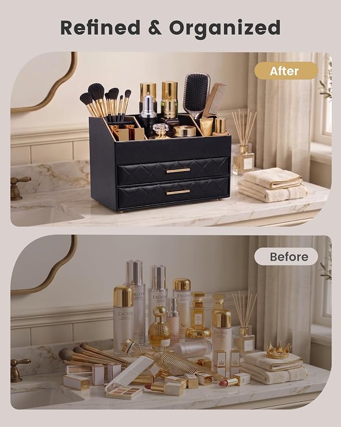 Lolalet 3-Layer PU Leather Makeup Organizer for Cosmetic Vanity -Black | Large Bedroom Dsek Countertop Cosmetic Organizer with Brush Holder, Skincare Storage for Lipsticks, Nail Polish, Perfume