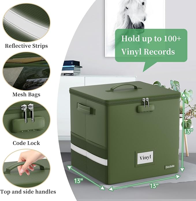 DocSafe Vinyl Record Storage Box with Lock, Fireproof＆Water Resistant Record Organizer for 100+ Single Records(12-inch), Collapsible Storage Crate with Lid&Handles for Valuable Album Collection,Green