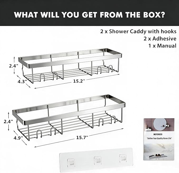 Moforoco Large Silver Shower Caddy Shelf Organizer Rack, Self Adhesive Bathroom Shelves Basket, Home Farmhouse Wall Inside Organization and Storage Decor Rv Accessories