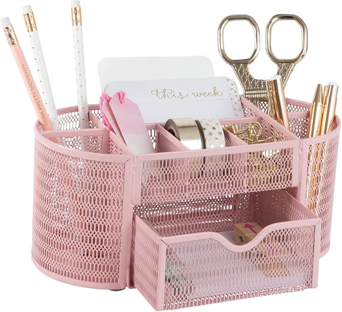 BLU MONACO | Pink Desk Organizers Metal Mesh Stationery Holder | Wire Mesh Desk Organizer with Compartments | Desk File Folder Organizer for Office Accessories