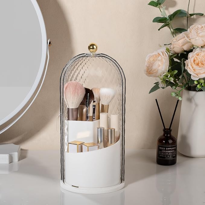Toothbrush Holder with Cover for Bathroom Countertop, Organizer, White | Rotating 3 Slot Holder for Electric Toothbrushes, Toothpaste, Self Draining Vanity Organizer, Makeup Brush Storage