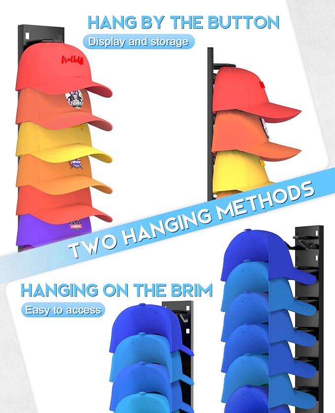 4 Pack Hat Organizer for Baseball Caps, Strong Adhesive Hat Rack for Wall, Multilayer Hat Storage Display Holder for Door Closet, Cap Organizer Storage Wall Mounted Hat Hooks Hold up to 36 Hat (Black)