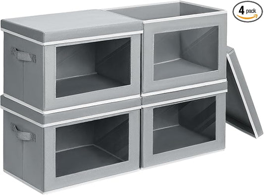 Homsorout Storage Bins with Lids - Small Fabric Organizers with Window, Collapsible Storage Bins for Clothes, Decorative Closet Organizers for Towels, Tshirt, 4 Pack, Grey