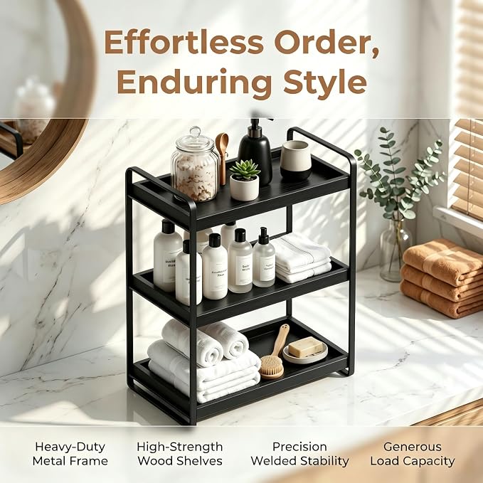 Bathroom Counter Organizer with Basket, Bathroom Organizers and Storage,Skincare Organizers for Vanity,Storage Organizers for Bathroom, Kitchen, Dresser (3-Tier Black Wood Rack)