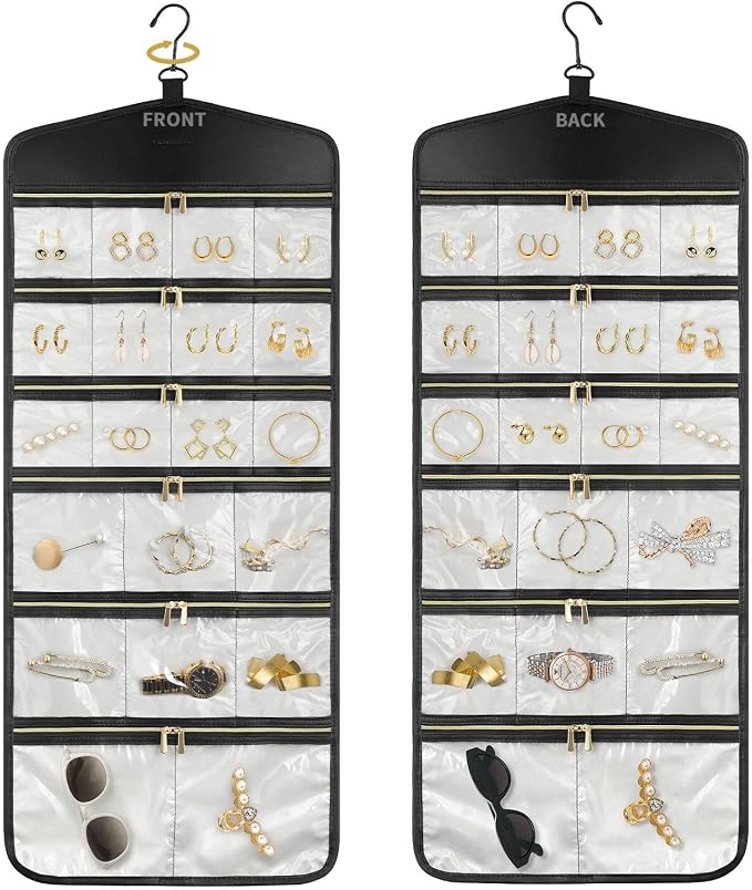 CHICECO Hanging Jewelry Organizer With Zippered Pockets,40 Pockets Travel Jewelry Organizer Storage for Cloest,Wall,Door