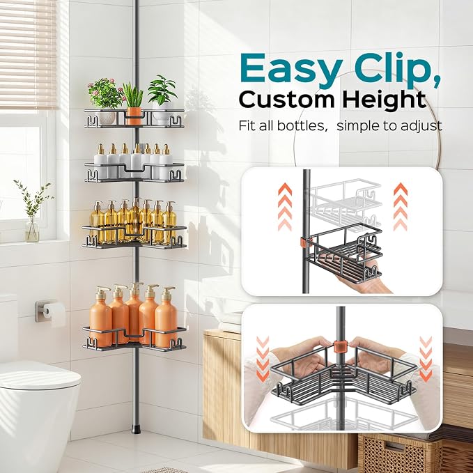 HAMITOR Adjustable Bathroom Storage, 4-Tier Tension Pole Shower Caddy, Gray | Rustproof Floor-To-Ceiling Tension Mounted Shampoo Organizer, No Drilling, Space-Saving Home Essentials For Renters 47-123in