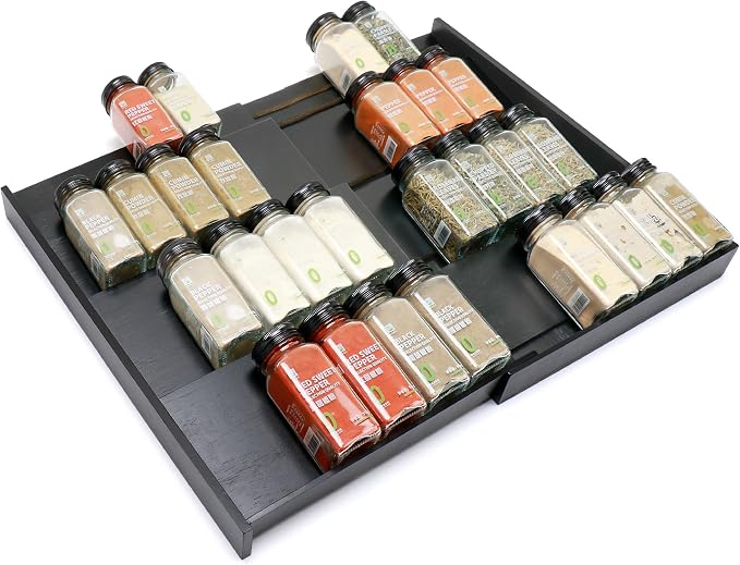 Bamboo Spice Drawer Organizer, (Need 3.1” Deep Drawer) Expandable 4 Tier Spice Rack for Cabinet (From 12" to 23" Wide), Seasoning Storage Insert, Spice Organizer for Drawer,Jars Not Included