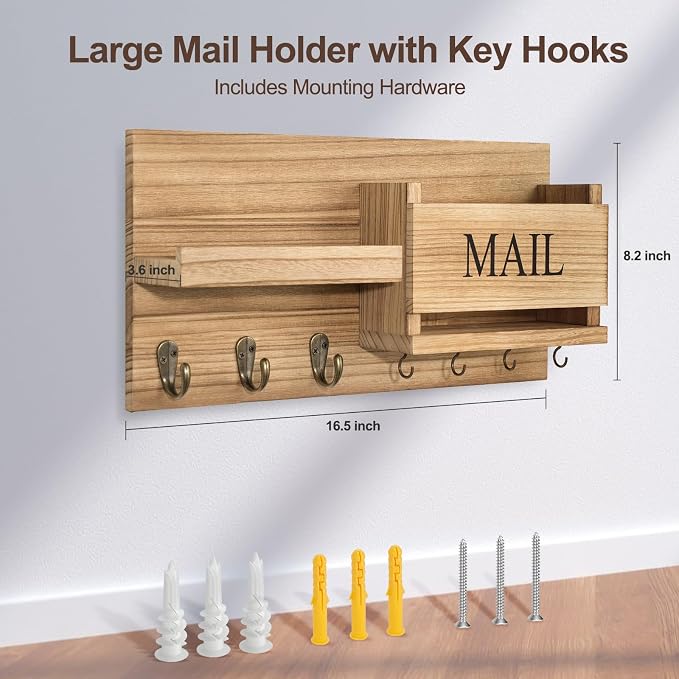 Lwenki Mail Organizer for Wall Mount – Key Holder with Shelf Includes Letter Holder and Hooks for Hallway Farmhouse Decor – Rustic Wood with Flush Mounting Hardware (16.5” x 9.1” x 3.4”) (Wood)