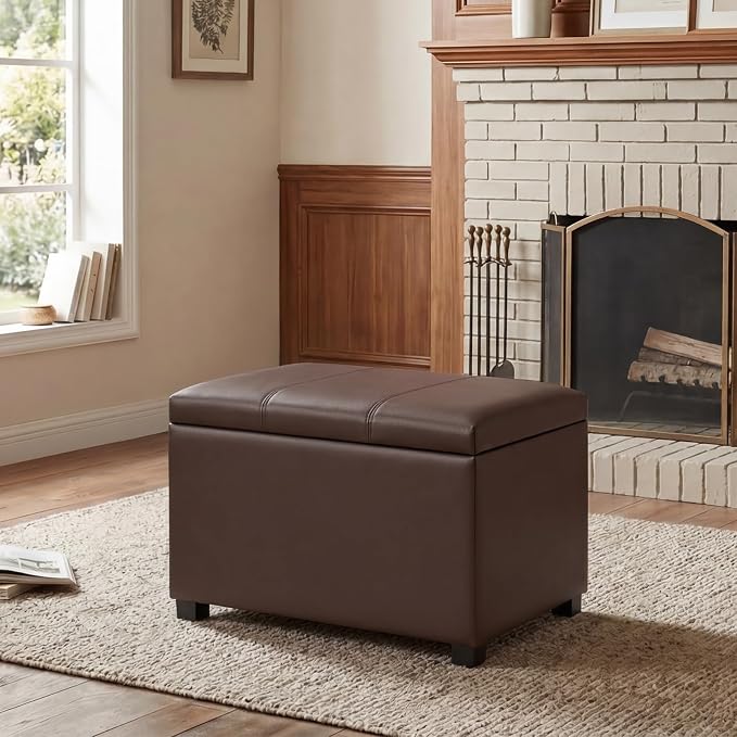 24" Leather Storage Ottoman Bench, Rectangle Foot Rest Stool for Living Room, Bedroom, Entryway, Brown