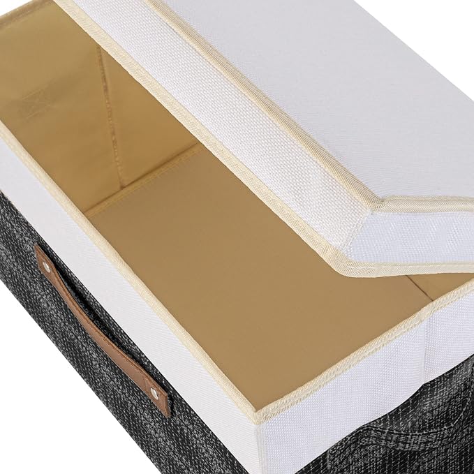 TYEERS Collapsible Storage Bins with Lids, Patchwork Design, Washable, Fabric Storage Boxes, 14.9x9.8x9.8 inches, 3 Pack, Black