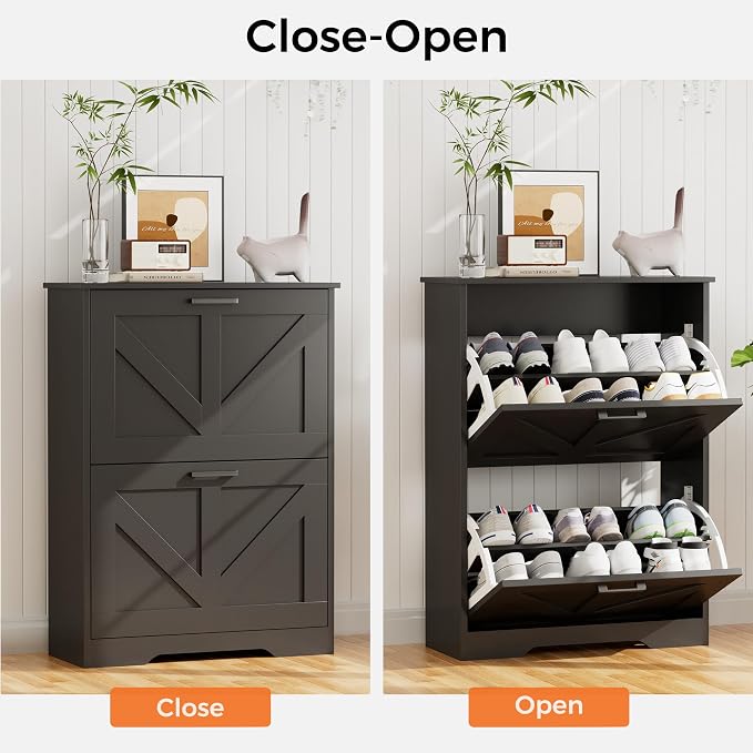 Homleke Farmhouse Shoe Cabinet for Entryway, 2 Barn-Style Flip Drawers | Narrow Shoe Storage Organizer, Top Display Shelf, Adjustable Shelves, Shoe Rack, for Hallway Closet, 24" Wide, Black