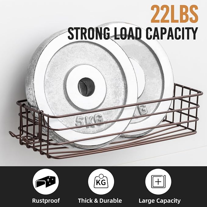 LEVERLOC Shower Caddy Suction Cup, 2 Pack Shelves for Inside with Hooks | Brown Shower Storage, Rustproof Meatl Bathroom Basket, Soap Holder, NO-Drilling Shower Holder