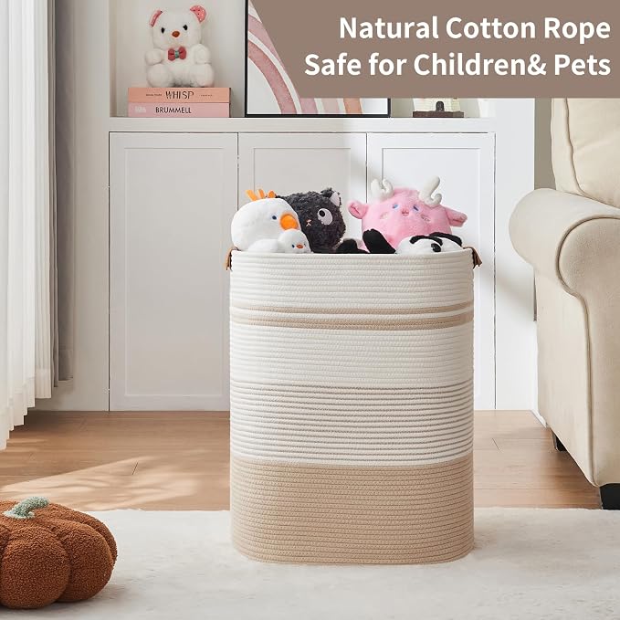 AINUOQI Laundry Basket with Handles - Blanket Basket & Hampers for Bedroom Aesthetic, Laundry Hamper & Blanket Storage for Living Room, Clothes Hamper, Tall, Large 17" x 14" x 22”, Off-white