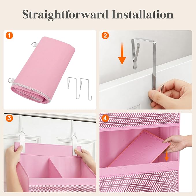 Lifewit Baby Over the Door Hanging Organiser, Hanging Shelves with Transparent Pockets for Stuffed Toys for Children's Room, Baby Items in the Pantry, Bedroom, Wardrobe, (Pink, 5 Tier)