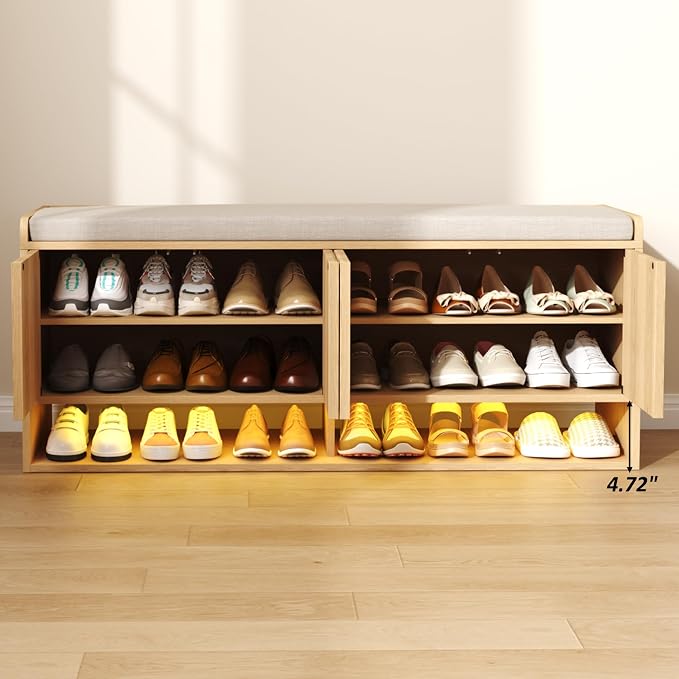 HOMEFORT 47.2" Fluted Shoe Storage Bench, Entryway Bench with Linen Seat Cushion, Shoe Cabinet Bench with Adjustable Shelf and Built-in LED Sensor Light, Bench for Bedroom End of Bed, Natural Oak