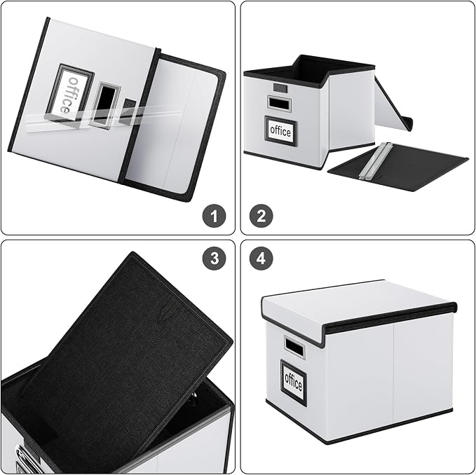 File Organizer Box with Lids, Collapsible File Folder Organizer | File Box with Plastic Slides for Document, Filing Bin for Letter Size Hanging File Folders (2 Pack, Silver, Leather)