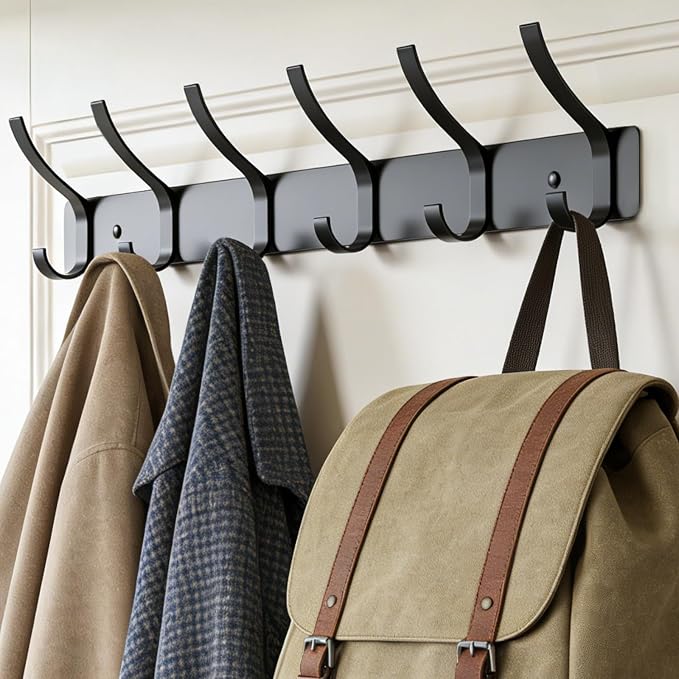 Wall Mounted Coat Rack, 6 Hooks for Hanging Clothes, Black, 2-Pack | Heavy duty rustproof hanger rail for backpacks hats towels, wall hook storage organizer for entryway bathroom mudroom purse
