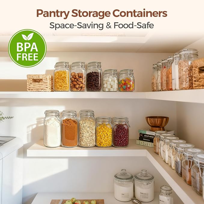 ComSaf Square Glass Pantry Jars with Airtight Lids 27 oz 6 Pack Spice Jar | Coffee sugar cookies, Snacks spices, Loose tea storage, Pantry organization, Kitchen cabinet storage, Countertop spice setup