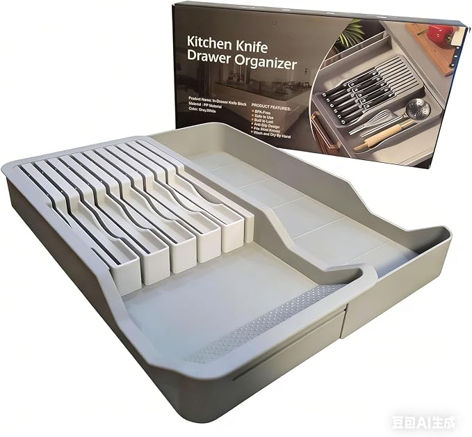 Expandable Drawer Knife Insert Organizer - Plastic Knife Storage Tray for Kitchen Drawers, Adjustable to Fit 11 Knives & Utensils, BPA-Free, Ventilated, Space-Saving, Easy to Clean