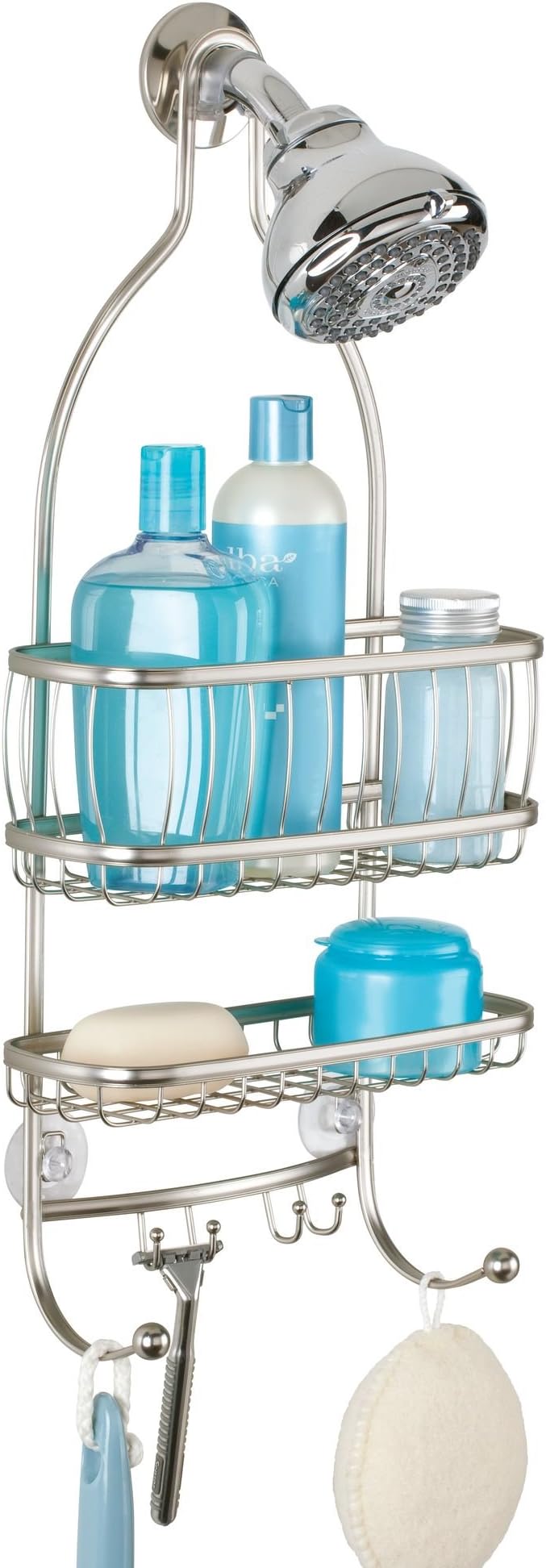 iDesign York Metal Wire Hanging Shower Caddy, Satin Silver | Extra Wide Space, 9.75" x 4" x 22", Hooks for Razors, Towels, For Shampoo, Conditioner, Soap