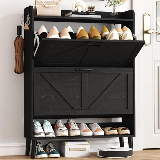 HOMEFORT Shoe Storage Cabinet for Entryway, 30" Freestanding Organizer with Two Flip Drawers, Narrow Hidden Shoe Rack with Wood Legs, Farmhouse Shoe Cabinet for Front Door Entrance,Black