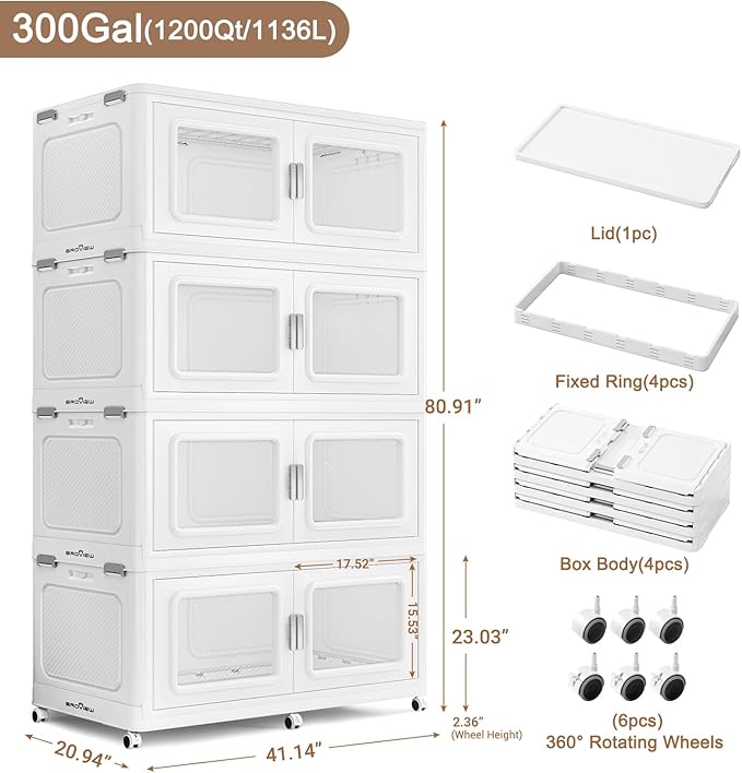 BROVIEW 300Gal Extra Large Storage Bins with Lid and Wheels, White, 4 Pack | 1 lid Plastic Cabinets Stackable Collapsible Foldable Storage Box Total 1200 Quart Organizer Drawers For Home Office Garage
