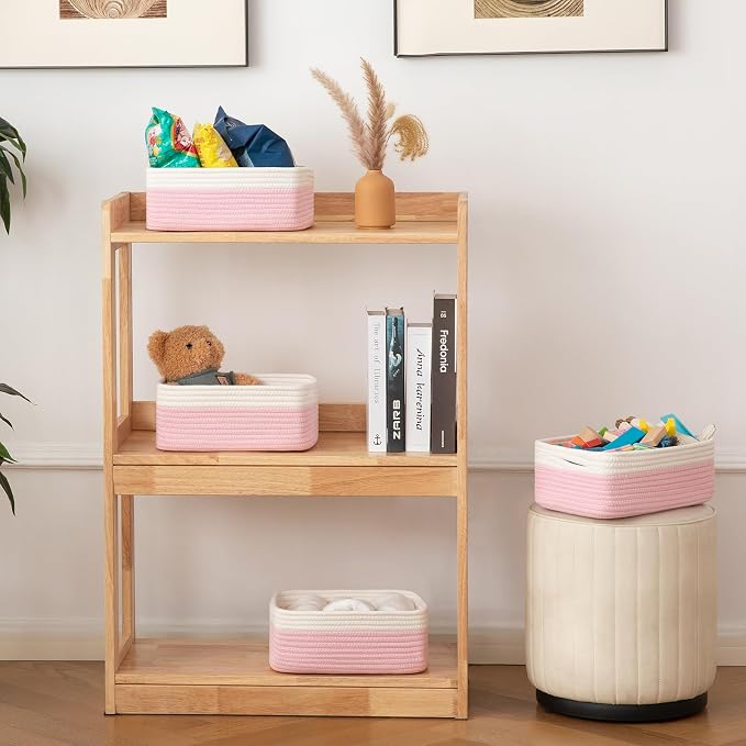 OIAHOMY 4 Pack Storage Baskets for Organizing, Small Bins for Shelves, Cute Decorative Storage Bins, Organizer Baskets for Gifts Empty,13''Lx8.7''Wx5.1''H, Pink/White