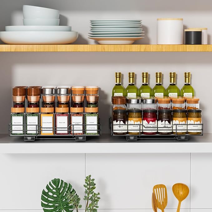 RCHYFEED Pull Out Spice Rack Organizer, 12.5" Wx10.5 Dx2.5 H | Slide Out Spice Rack for Inside Cabinets, Heavy Duty, Fits Kitchen and Pantry, For Seasoning, Sauces, Canned