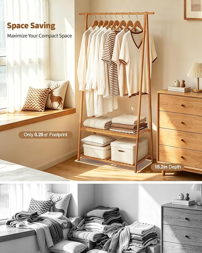 Bamboo Clothing Rack with Shelves, Wood Garment Rack for Hanging Clothes | Small Space Corner Clothes Hanger Rack with 2 Hooks,Freestanding Open Wardrobe Closet Rack in Bedroom,Entryway,Apartment