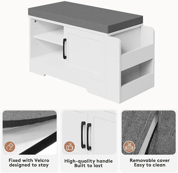 GRUSIGN 27.8" Shoe Storage Bench with Cushion, Entryway Shoe Cabinet, White | 3-in-1 Shoe Storage Bench, Adjustable Shelves, Removable Cushion, 300 lbs Capacity, Entryway, Apartment, Families