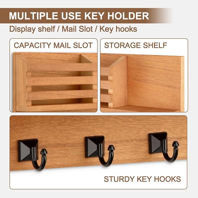 Key Holder Wall Mount, Mail Organizer for Wall with 5 Square Rustic Key Hooks Key Shelf Farmhouse Home Decor for Entryway