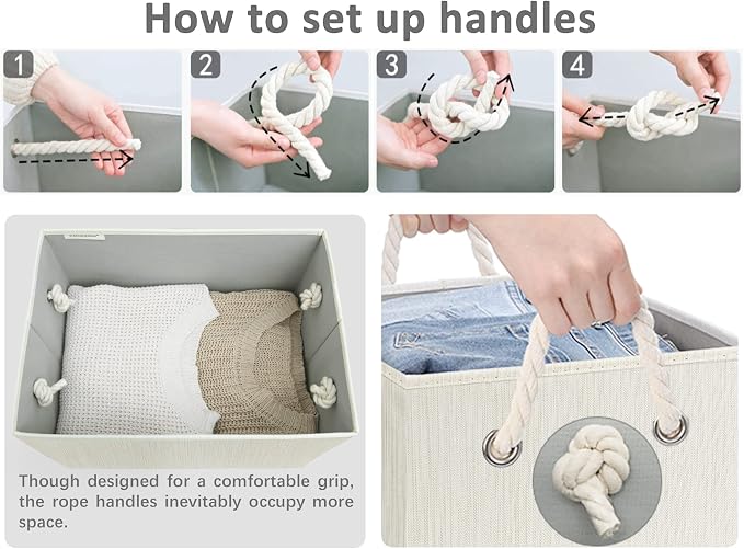 StorageWorks Storage Bins with Lids, Decorative Storage Boxes with Soft Rope Handles, Foldable Stackable Storage Baskets for Closet, Shelves, 3-Pack, Ivory and White, Jumbo