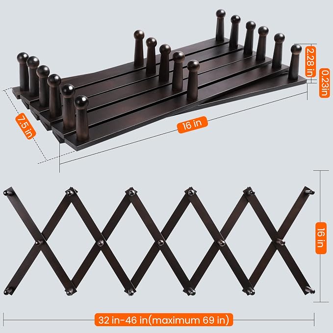 Accordion Wall Hanger, Hat Hangers Wall Mounted, Wood Accordian Coat Rack with 17 Hooks, Expandable Peg Rack Wall Organizer for Hanging Baseball Caps, Hats, Purse, Coffee Cup, Bag, Walnut