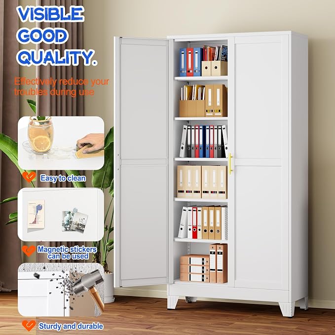 GAIOUS 75'' Tall Metal Garage Storage Cabinet,File Cabinet with 2 Doors and 5 Adjustable Shelves, Outdoor Steel Tool Cabinet for Home,Office,Warehouse,Garage,White