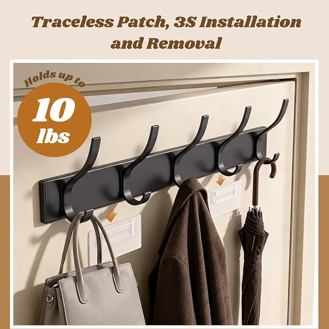 MIAOW Over The Door Hooks, Strong Adhesive Hanger Shower Towel Racks Black | 10 Coat Hook for Shower Bathroom, Detachable Adhesive Hook Not Damage Door, Save Space|No Noisy, Adjustable Height for All