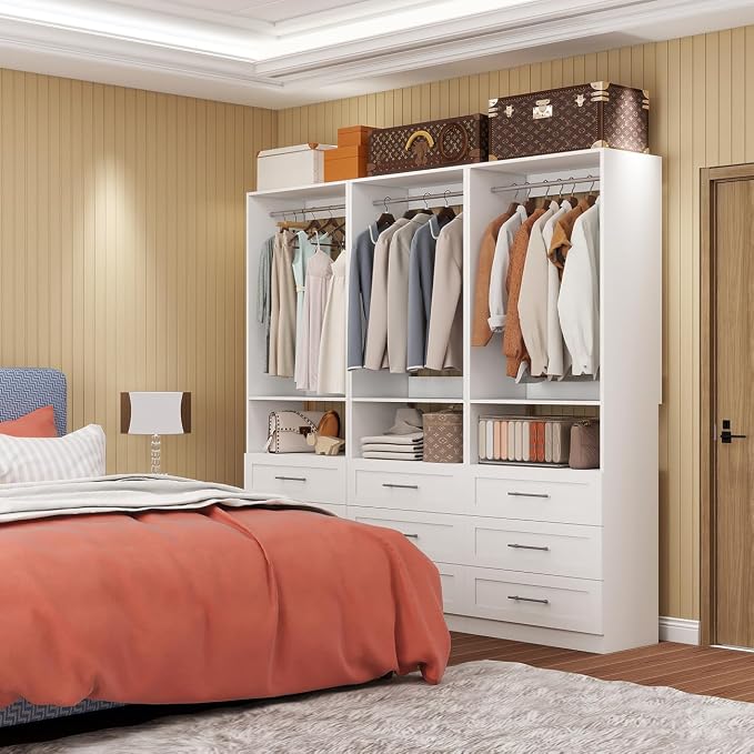 Dilando Closet System with 9 Drawers, 6FT-15FT Closet Organizer System Modular Custom Walk-in Closet Corner Small Freestanding Closets Storage Clothes Rack with 6 Hanging Rods White (6FT)