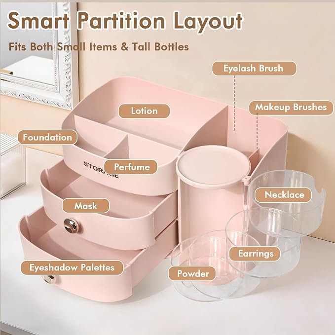 Makeup Organizer Countertop, Make Up Organizer for Vanity | Skincare & Cosmetic Organizers with Drawers, Bathroom Storage for Brush Holder|Lipstick|Jewelry, Ideal Gift for Women, Pink