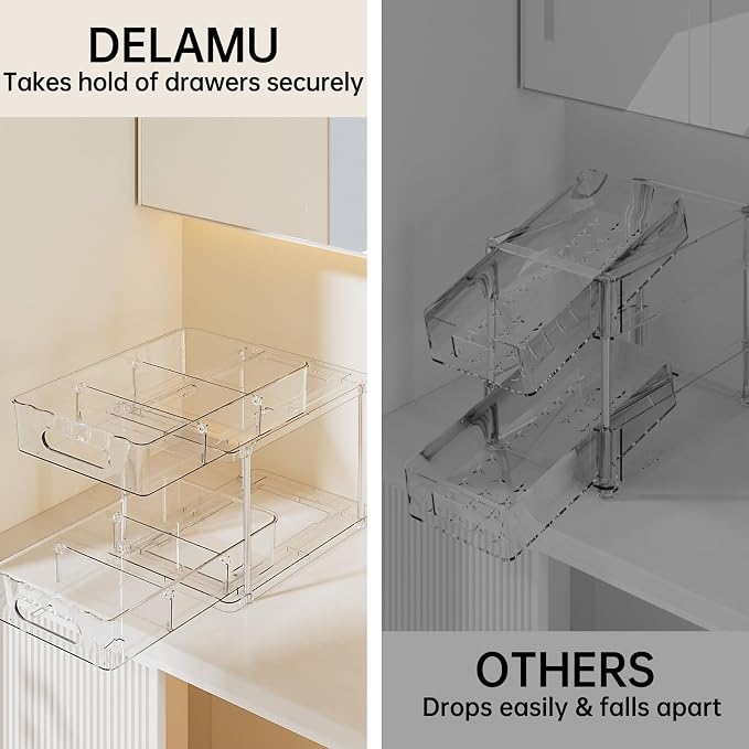 Delamu 2 Tier Under Sink Organizer Bathroom, Bathroom Cabinet Organizer with Snap-Lock Design and Hooks, Pull Out Storage with Movable Dividers, for Countertop, Kitchen and Pantry (Clear, 2 Pack)