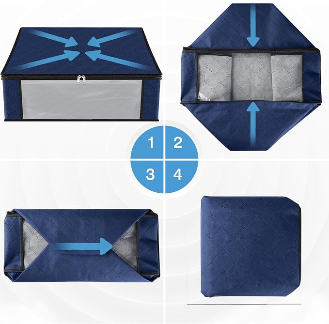 HomeHacks 8-Pack Clothes Organizer Storage Bags, 35L Storage Bins, Blue | Foldable Storage Box Container with Zippers, Clear Window, Reinforced Handles for Closet, Dorm, Pillows, Bedding, Sweater