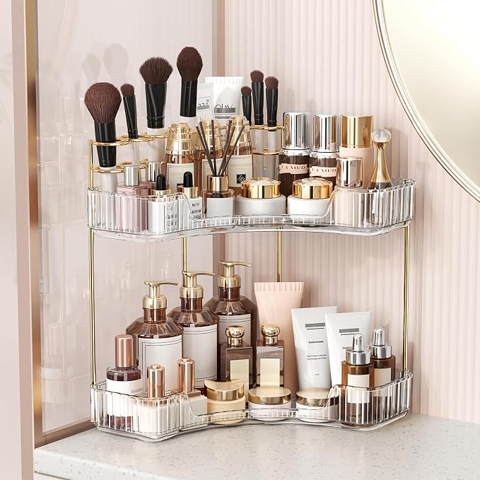 BEFSOP Corner Bathroom Counter Organizer, Upgraded 2-Tier Makeup Organizer Countertop with Makeup Brush Holder, Skincare Exquisite Vanity Organizers Countertop Bathroom Storage Dresser(CLEAR)