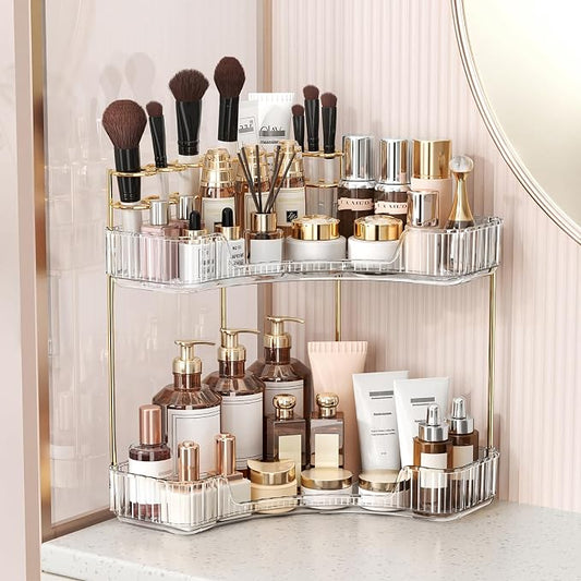 BEFSOP Corner Bathroom Counter Organizer, Upgraded 2-Tier Makeup Organizer Countertop with Makeup Brush Holder, Skincare Exquisite Vanity Organizers Countertop Bathroom Storage Dresser(CLEAR)